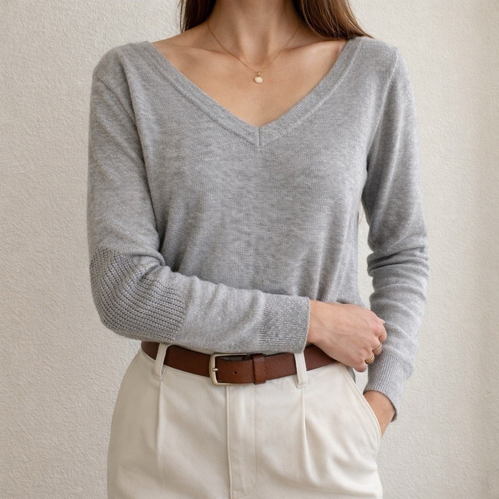41 Hawthorn Gray V Neck Sweater Womens M Elbow Patch Minimalist Wool Blend Soft
